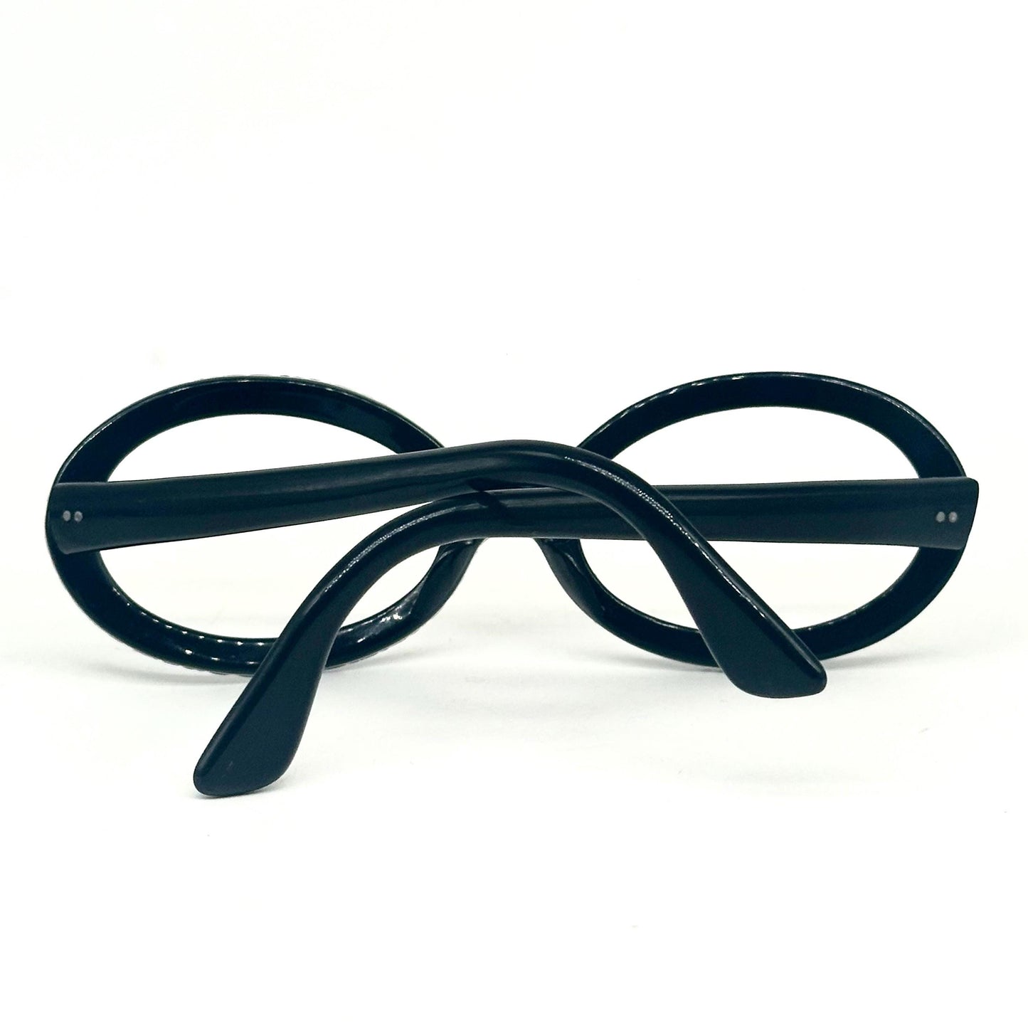 Oval vintage 1950s black eyeglasses handcrafted engraving frames with white thickness squares, NoS