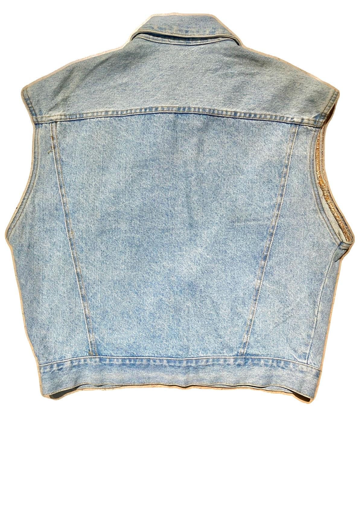 Caché USA light blue denim vest customised w leather, golden jewel buttons & studs, sz L