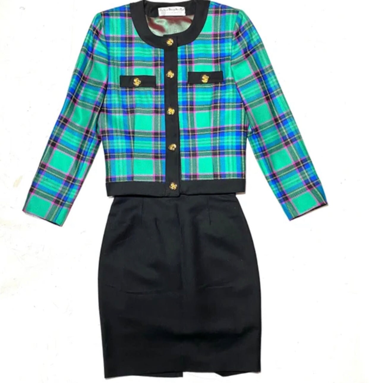 Marzotto pure class green/black tartan wool ladies suit (skirt-chanel style blazer) sz 42