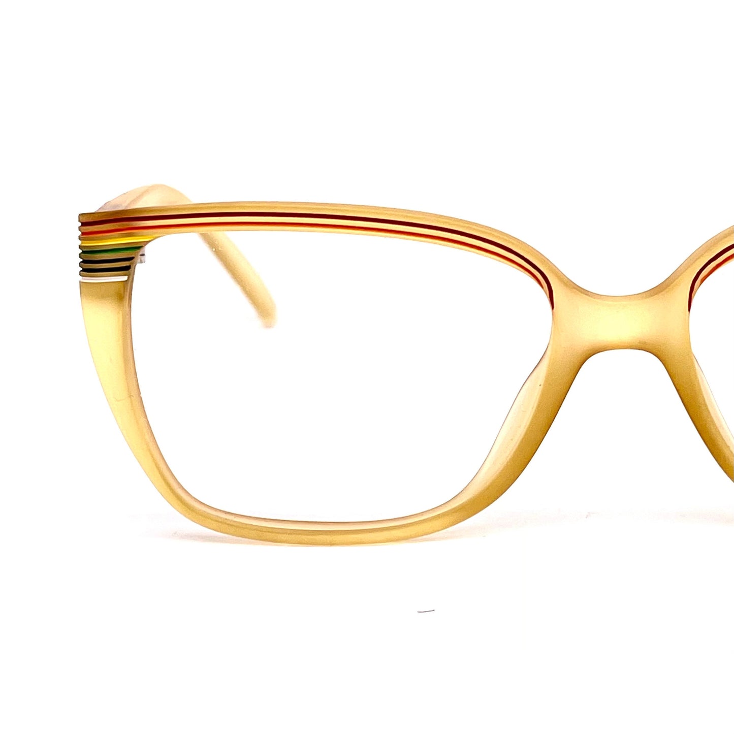 Saphira 4099 thick squared amber glasses with carved striped enameled in rainbow colors, NOS 80s
