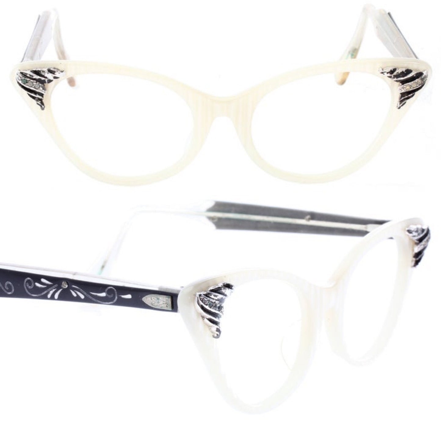 1950s jeweled pin-up cateye glasses in striped pearl white w floral carved black temples, unique and precious, NOS