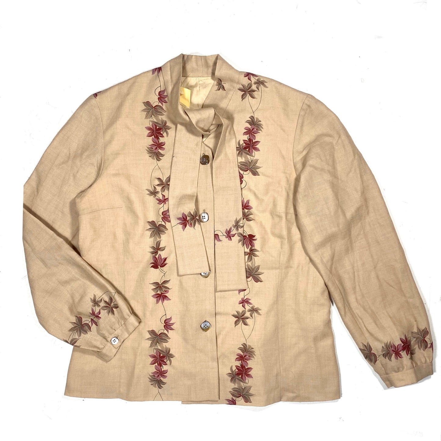 1960s beige light wool blouse with silk lining, floral motif and bow/tie collar, sz M mint