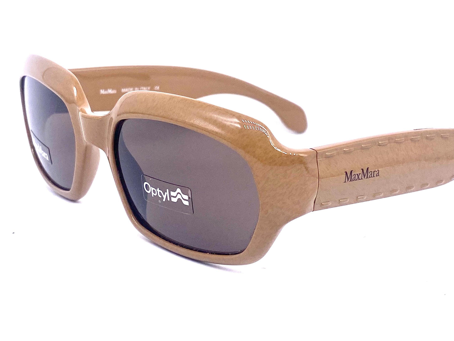 MaxMara fancy beige thick square Optyl sunglasses, temples w embossed stitches detail 90s NOS