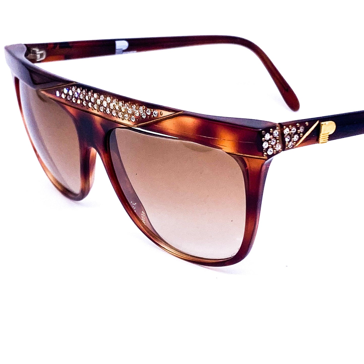 Premiere 104 P1 cello brown tortoise sunglasses enriched with rhinestones and a thick flat browline design, Made in France in mint condition