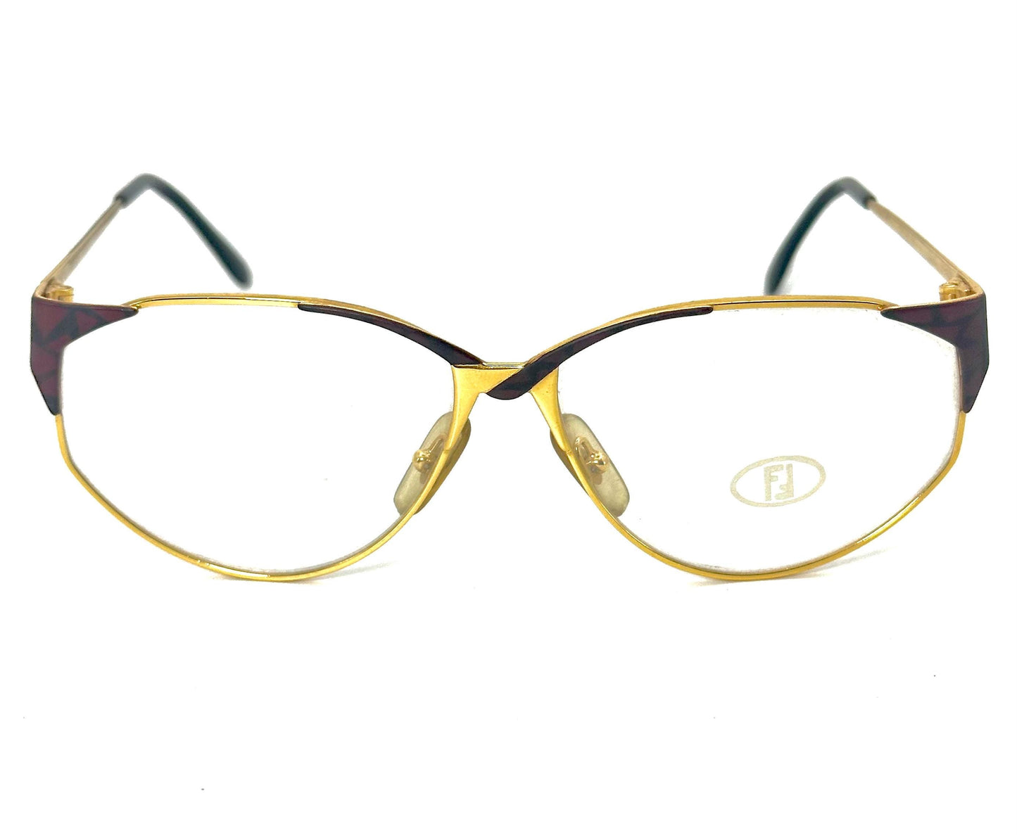Fendi FV61 Gold-Burgundy asymmetric cateye eyeglasses frames hand made in Italy by Lozza, NOS 80s