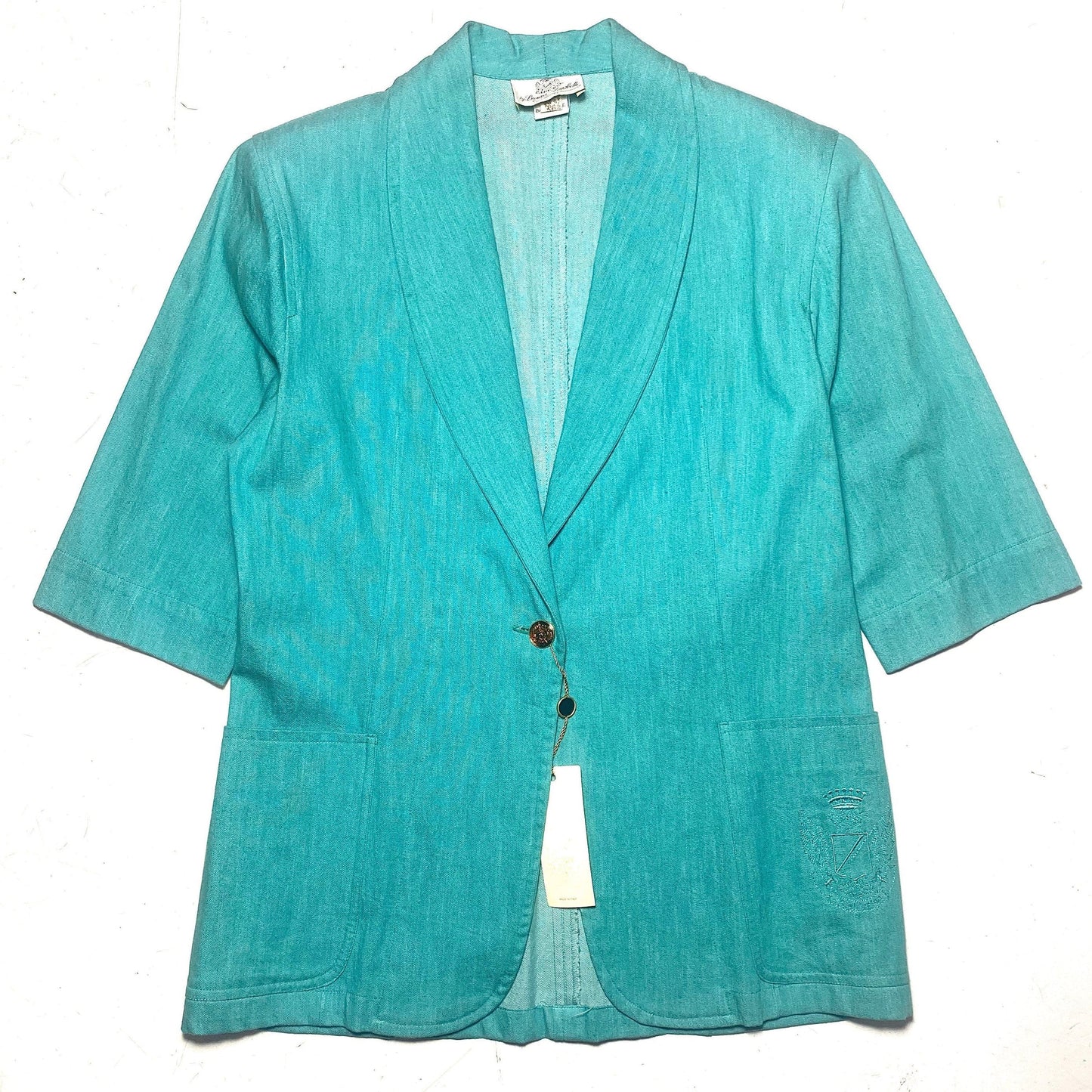 Zanewa for Guidotti Milan sea green fine denim blazer jacket with embroidered detail, 1980s NOS.