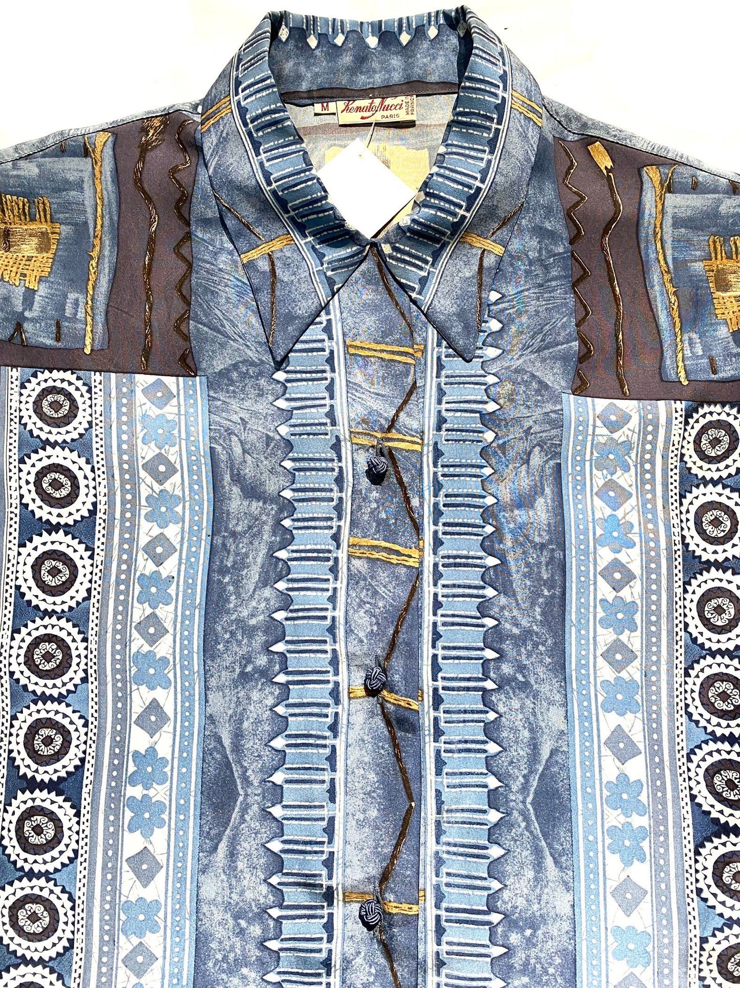 Renato Nucci Paris pure silk scarf print blue/beige ethnic inspired shirt, mint condition sz M