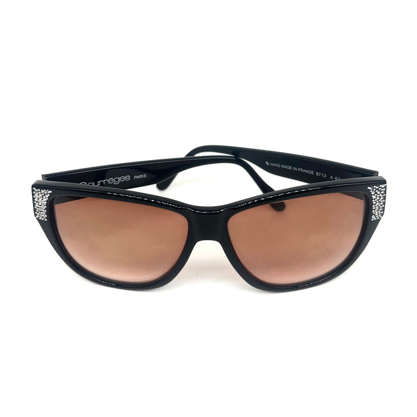 Courreges 8712 black oversized sunglasses w gold logo and Swarovski adornement, hand made in France