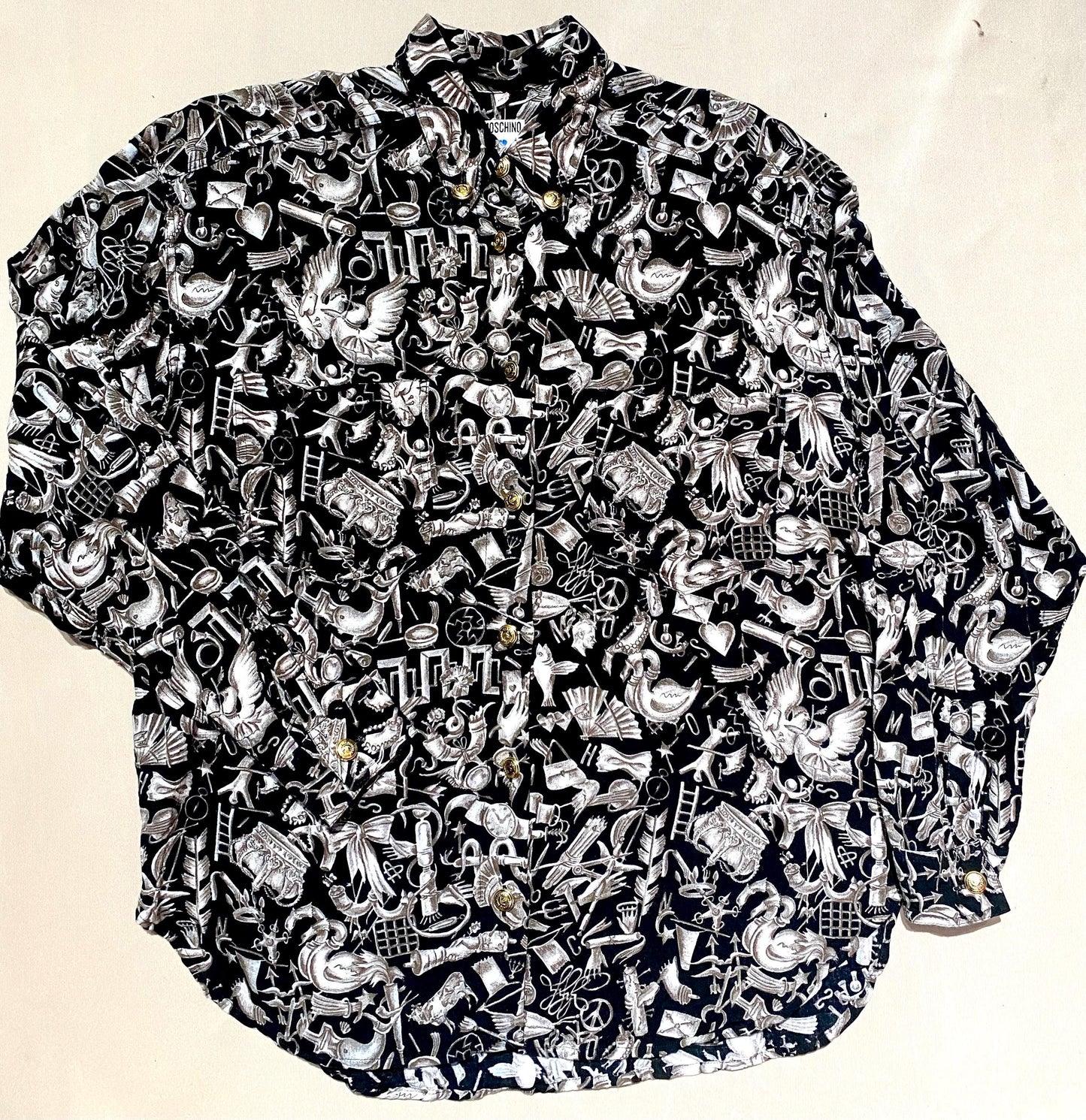 Moschino Jeans 90s old school drawings black/white  cotton shirt w golden buttons. Sz M mint