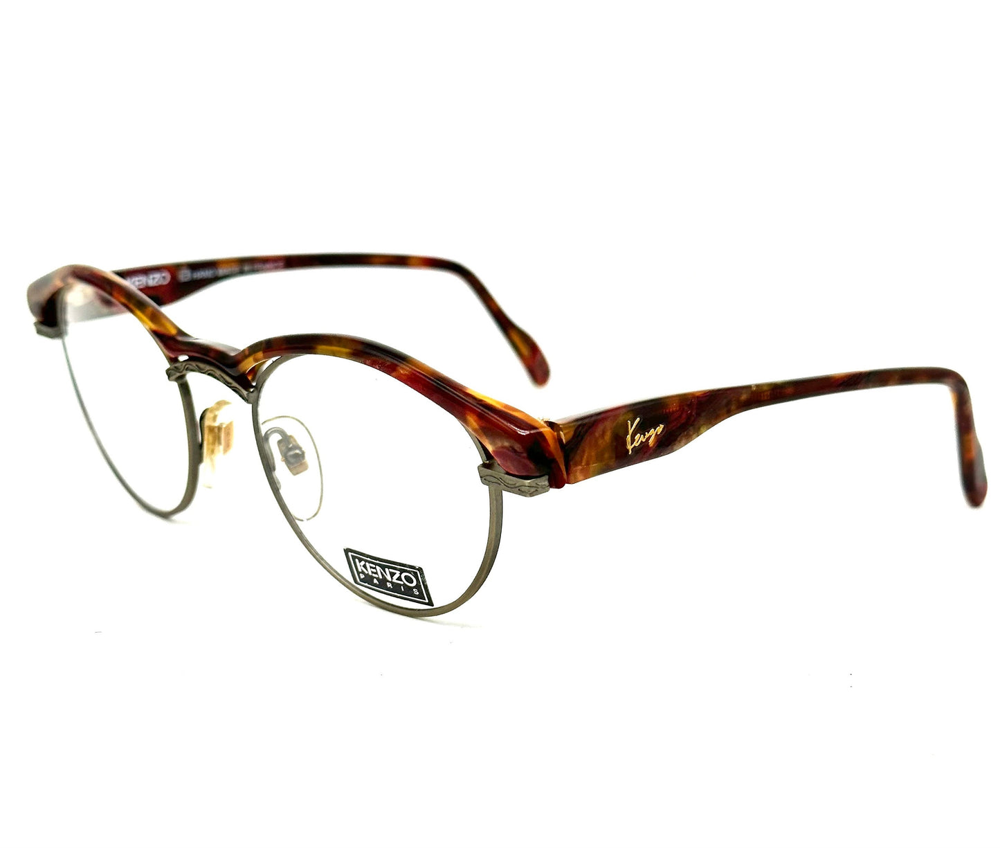 Kenzo Reggae K61 avant-garde pantos frames w cutoff details on the colorful cello browline, 80s NoS France