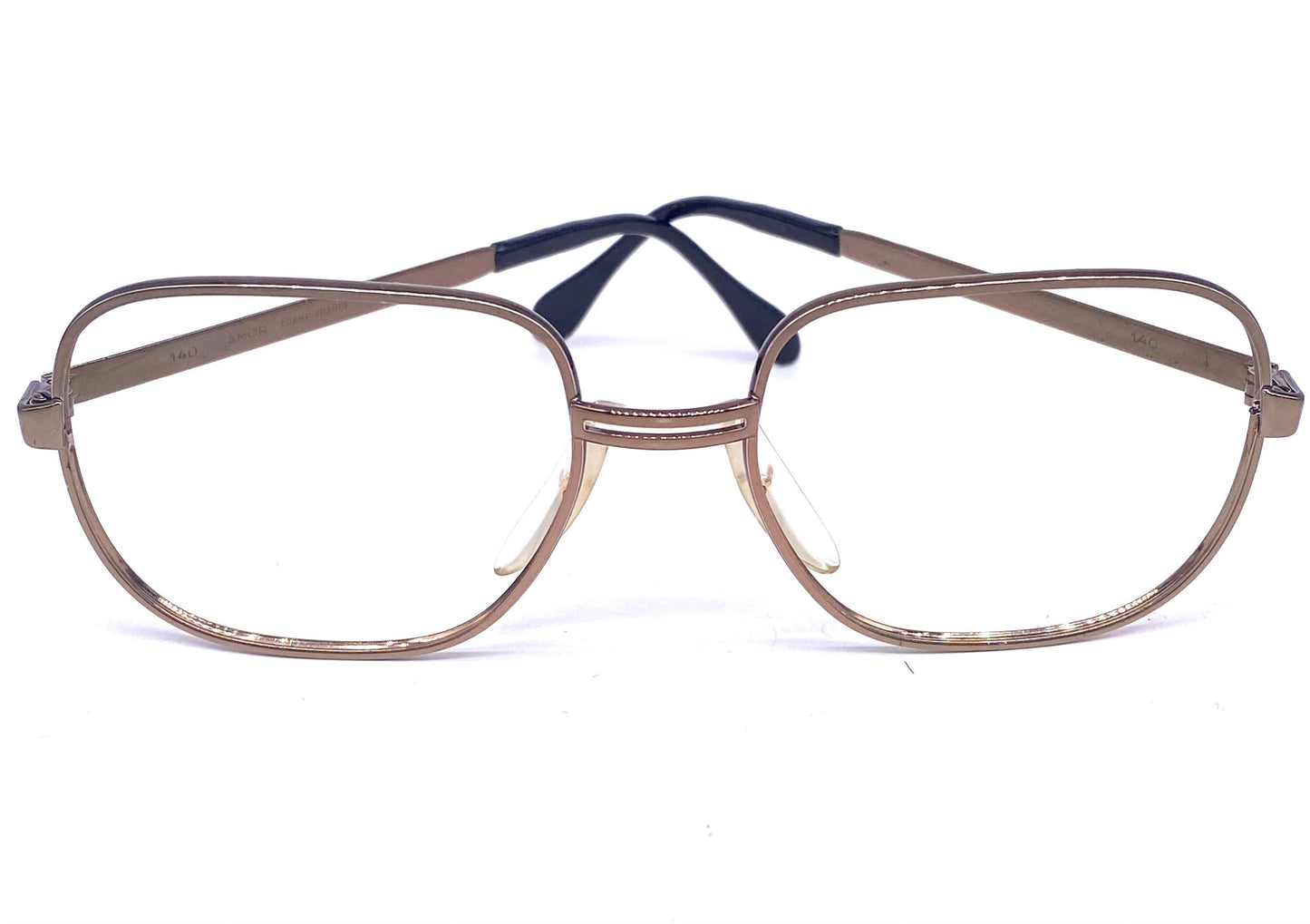 Amor France square glasses in polished copper metal w cutoff bridge detail, NOS 70s mint