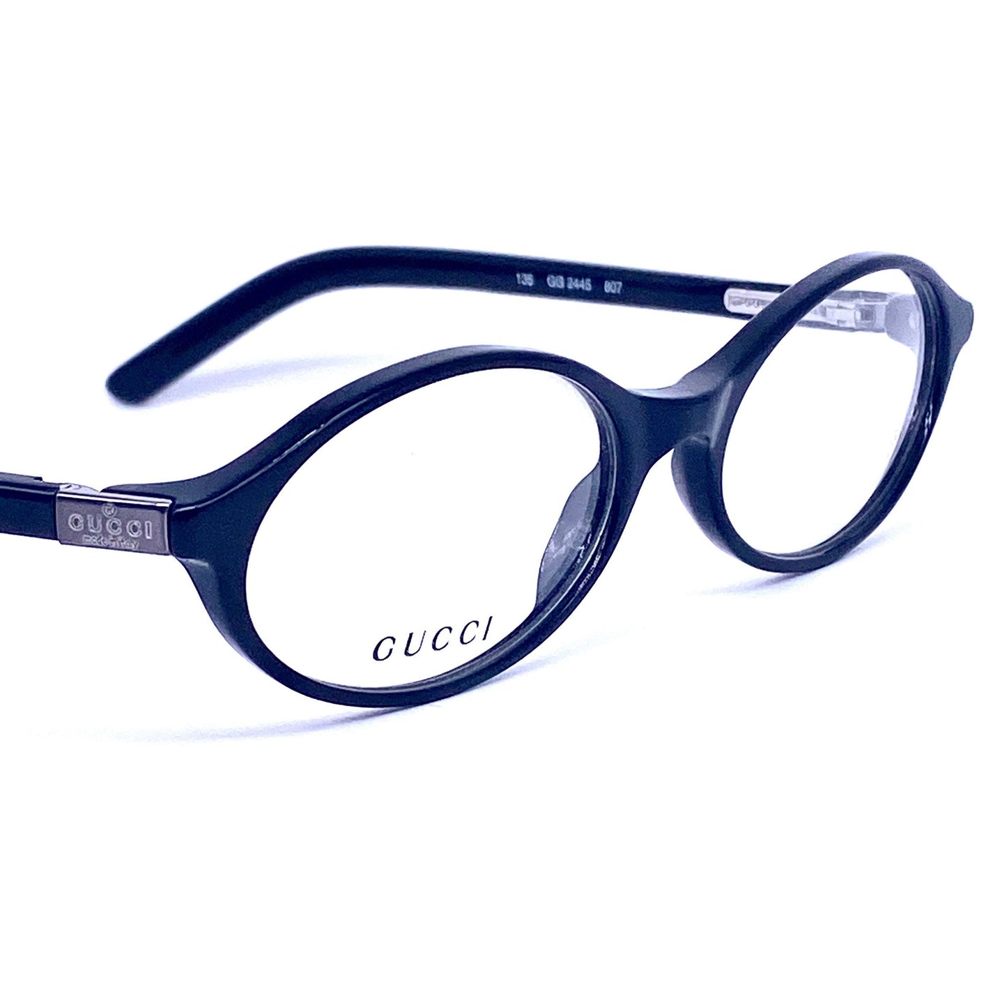 Gucci 2445 oval acetate eyeglasses frames in black and translucent grey culourways, made in italy 1980s NOS