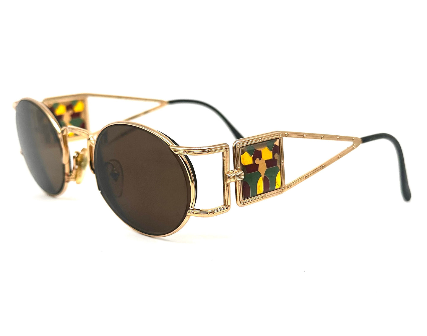 Jean Paul Gaultier 56-4672 rare gold plated round steampunk sunglasses w stained glass inspired temples, used in mint condition