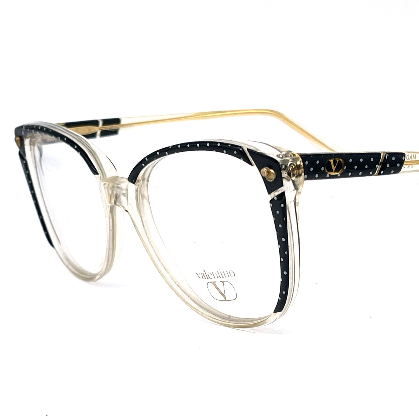 Valentino cool clear/black polka dot oversized ladies eyeglasses frames hand made in Italy, 80s NOS