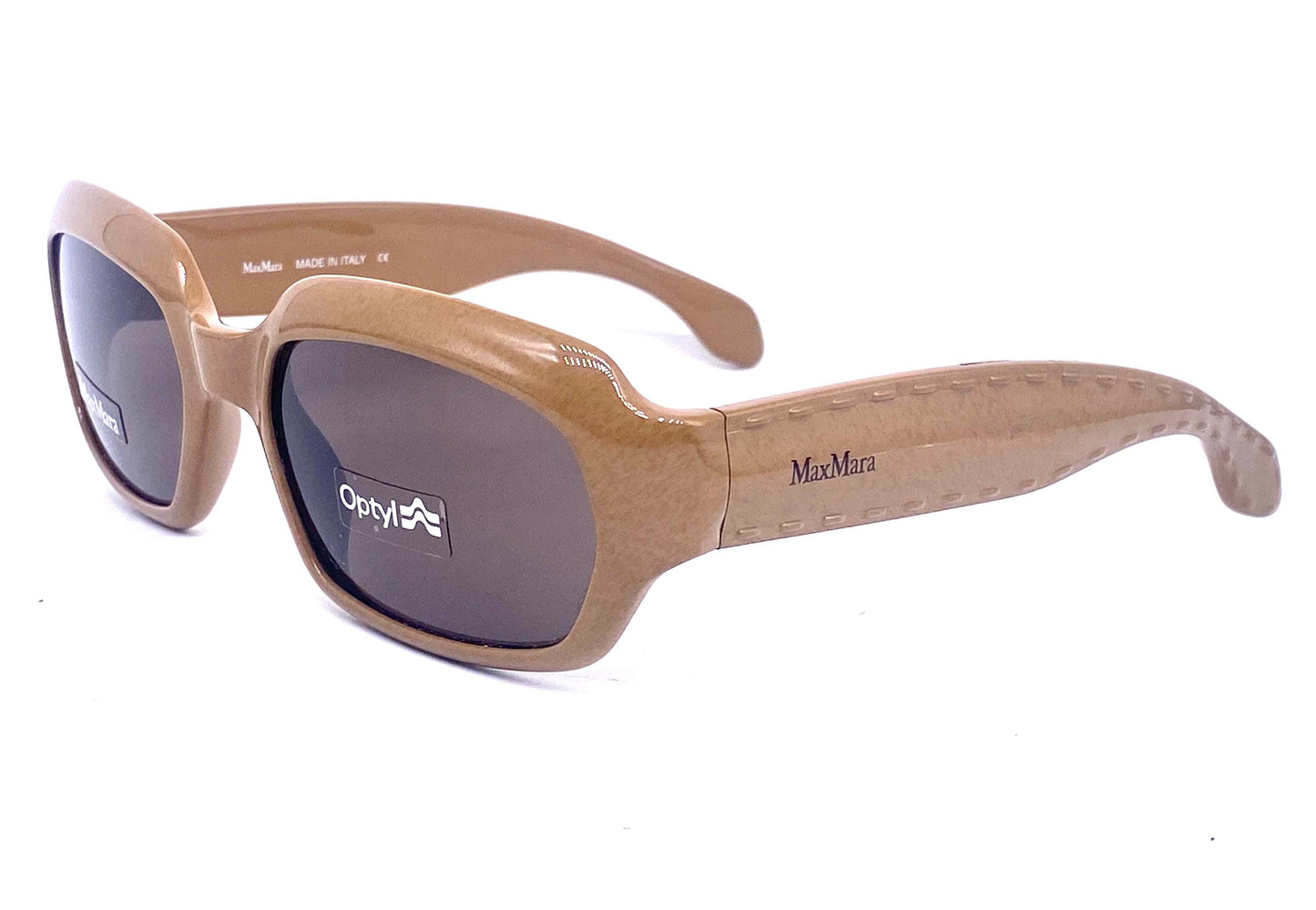 MaxMara fancy beige thick square Optyl sunglasses, temples w embossed stitches detail 90s NOS