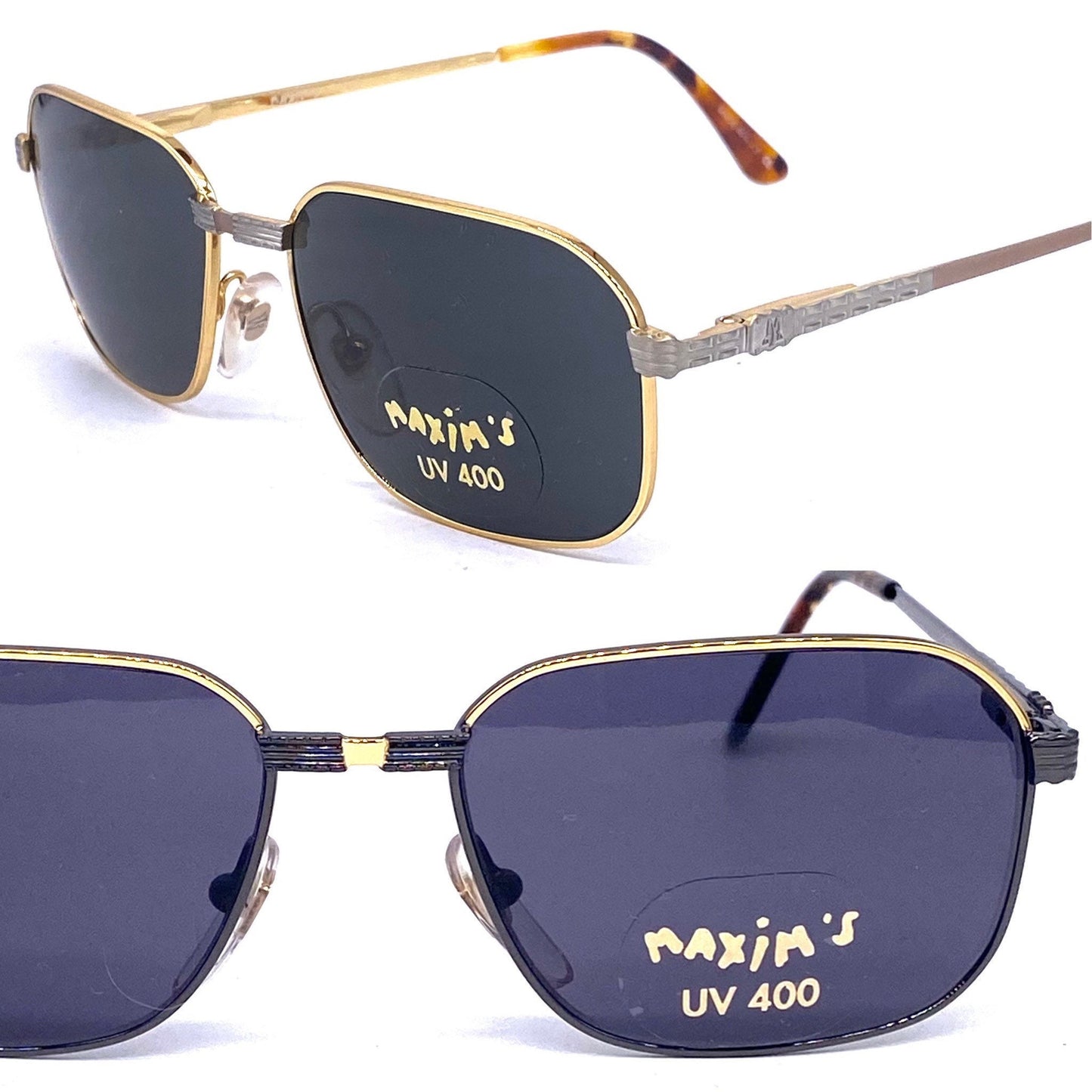 Maxim’s de Paris luxury rectangular metal sunglasses w carved details, in 2 colorways, NOS 90s Italy