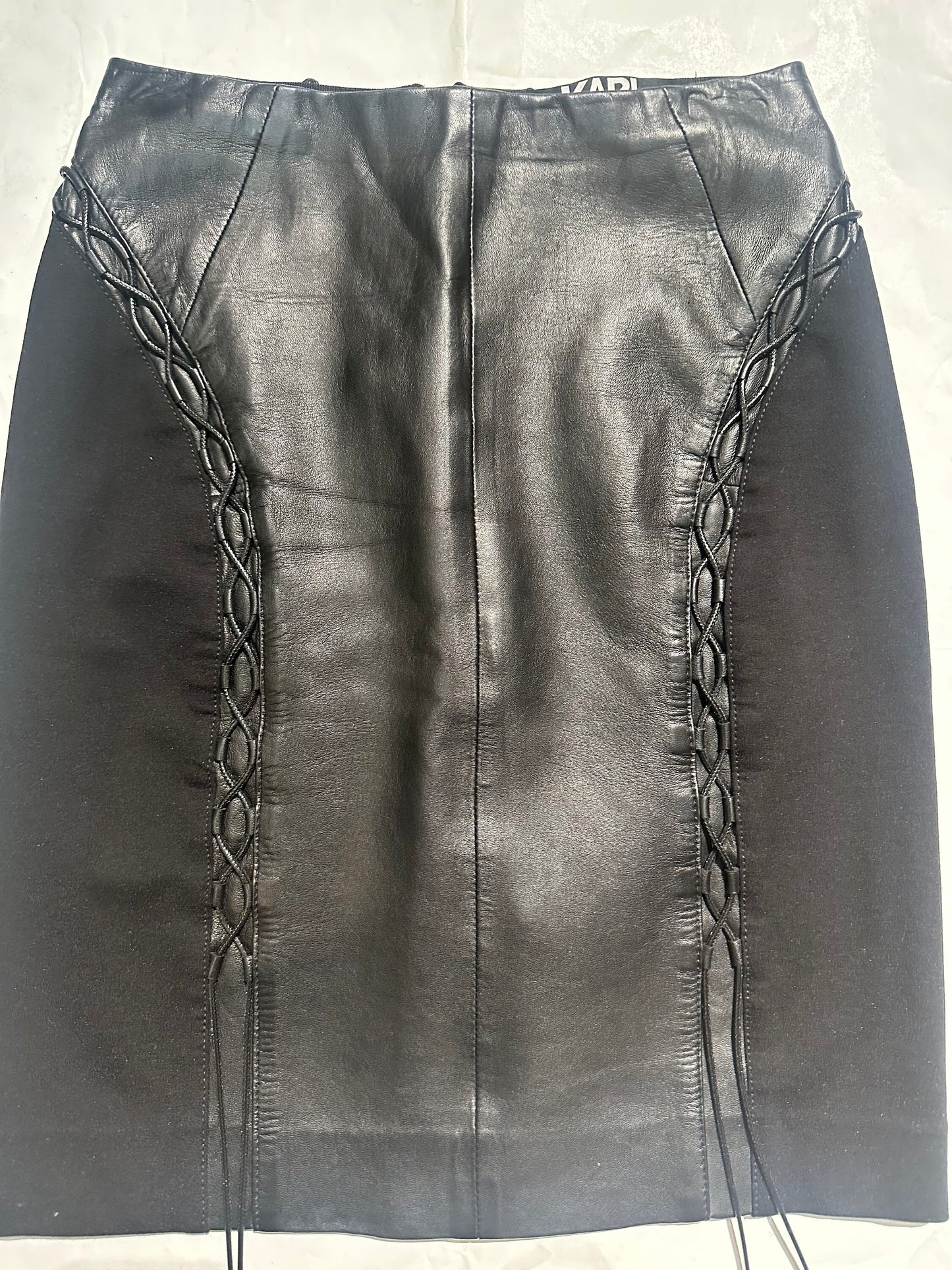 Karl Lagerfeld lambskin leather / viscose sexy skirt with laces inserts, mint; sz 40 / S