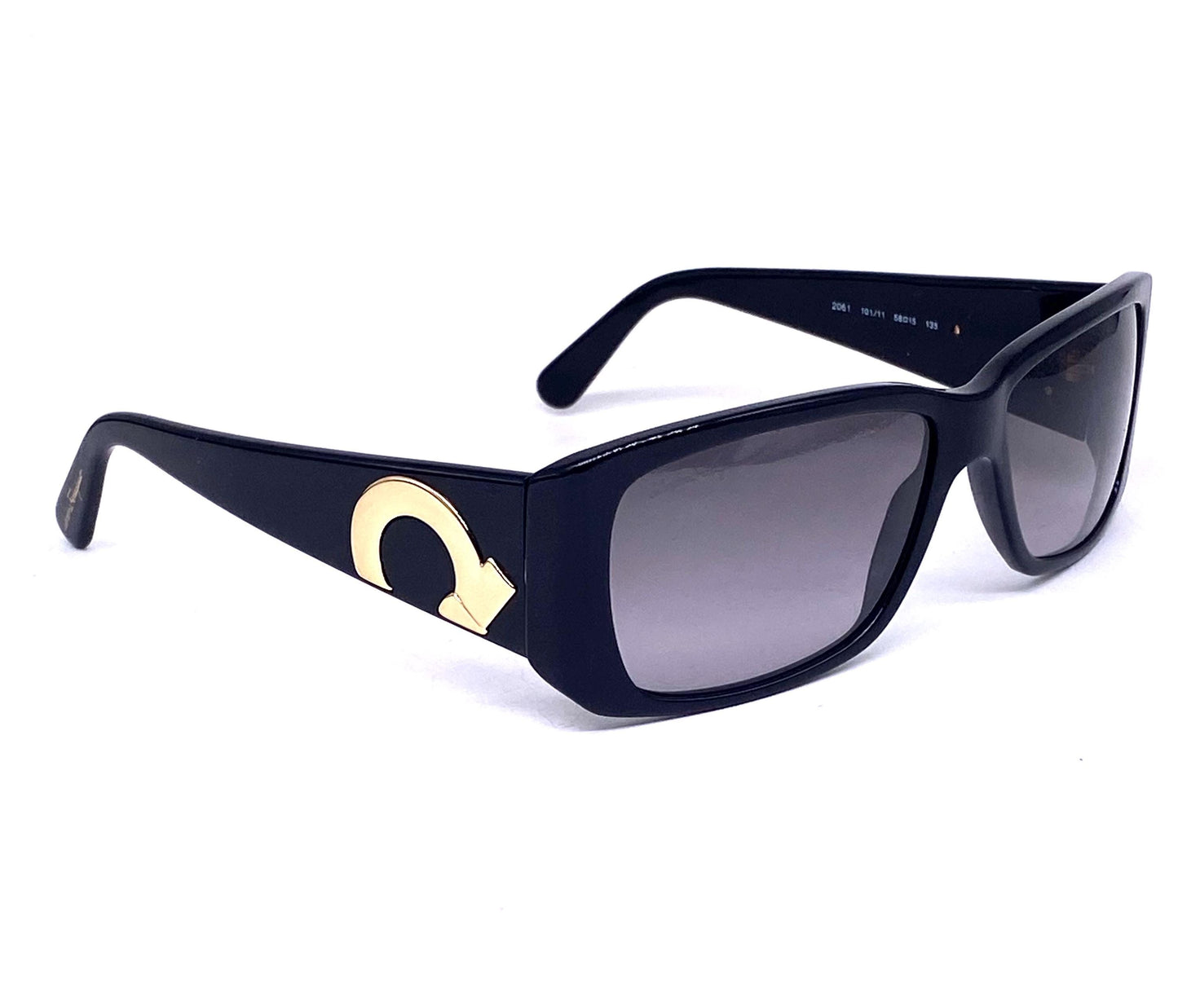 S Ferragamo black rectangular acetate sunglasses w golden metal details / logo inlays, NOS