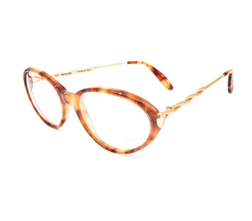Trussardi 235 brown tortoise slim acetate cateye eyeglasses with rope temple desig, 80s nos Italy