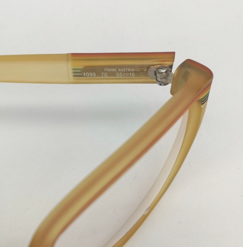 Saphira 4099 thick squared amber glasses with carved striped enameled in rainbow colors, NOS 80s