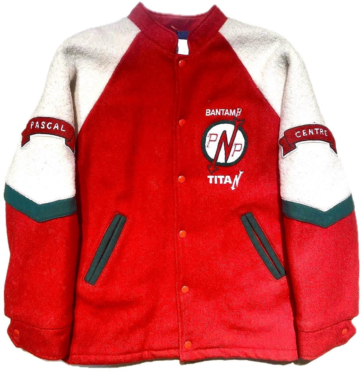 BantamB Titan red-Whire-Green winter wool varsity jacket sz L, great condition