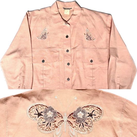 LuvTricot milano pink cotton shirt w- butterfly macramè embroideries, NOS 80s Italy sz 42-M