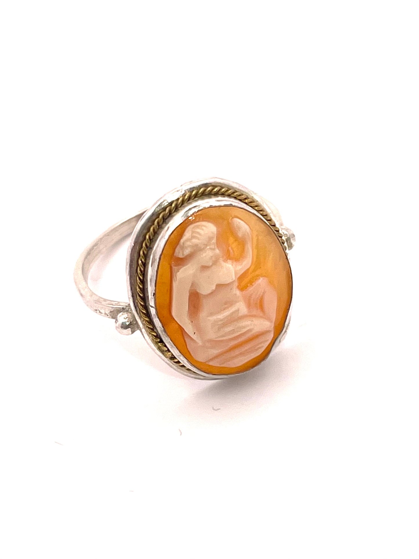 Antique Silver cameo ring w hand carved coral - Shell female figure / Greek Goddess, New from deadsrock