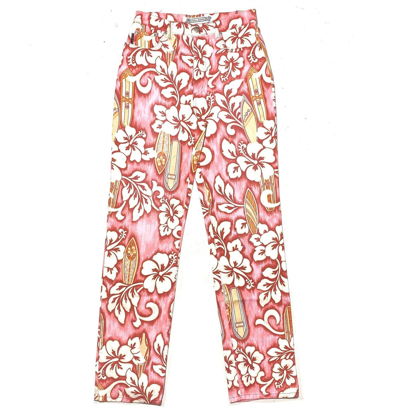 Krizia Jeans pink Waikiki surf boards & Hawaiian flowers denim trousers sz 28, Mint