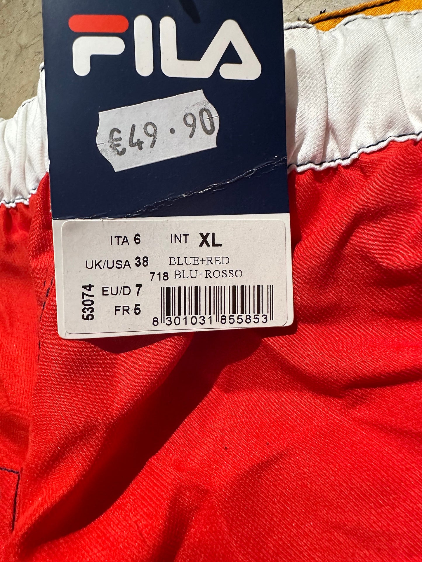 Fila signature colors navy / red swim shorts with embroidered logo and printed stripes, sizes L, XL