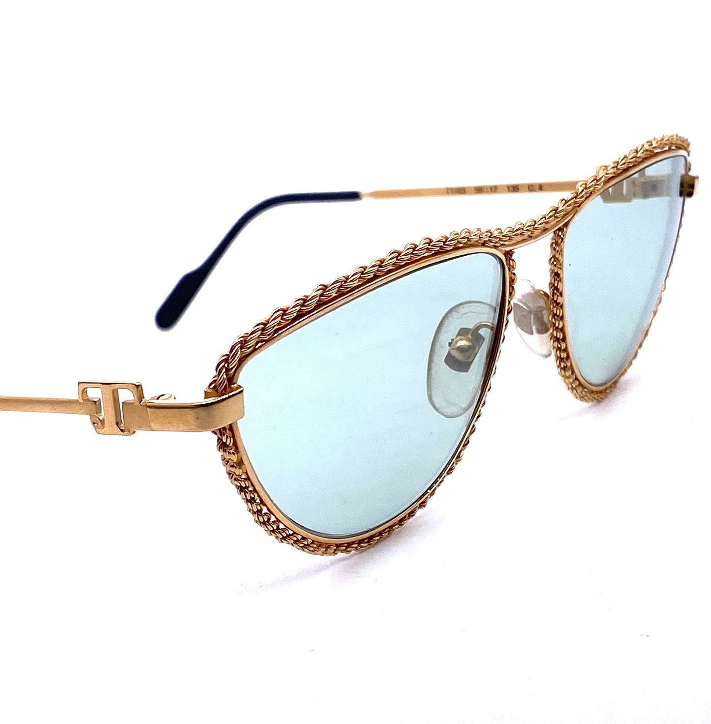 Tiffany Soloist T1-03 23k gold plated rope style rims cateye sunglasses, 1980s NOS