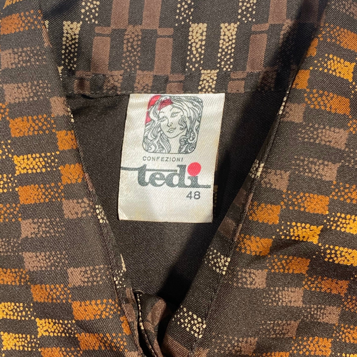 Tedi 1970s funky satin blouse, brown with abstract checks brown/orange fading zigzag allover, sz S mint