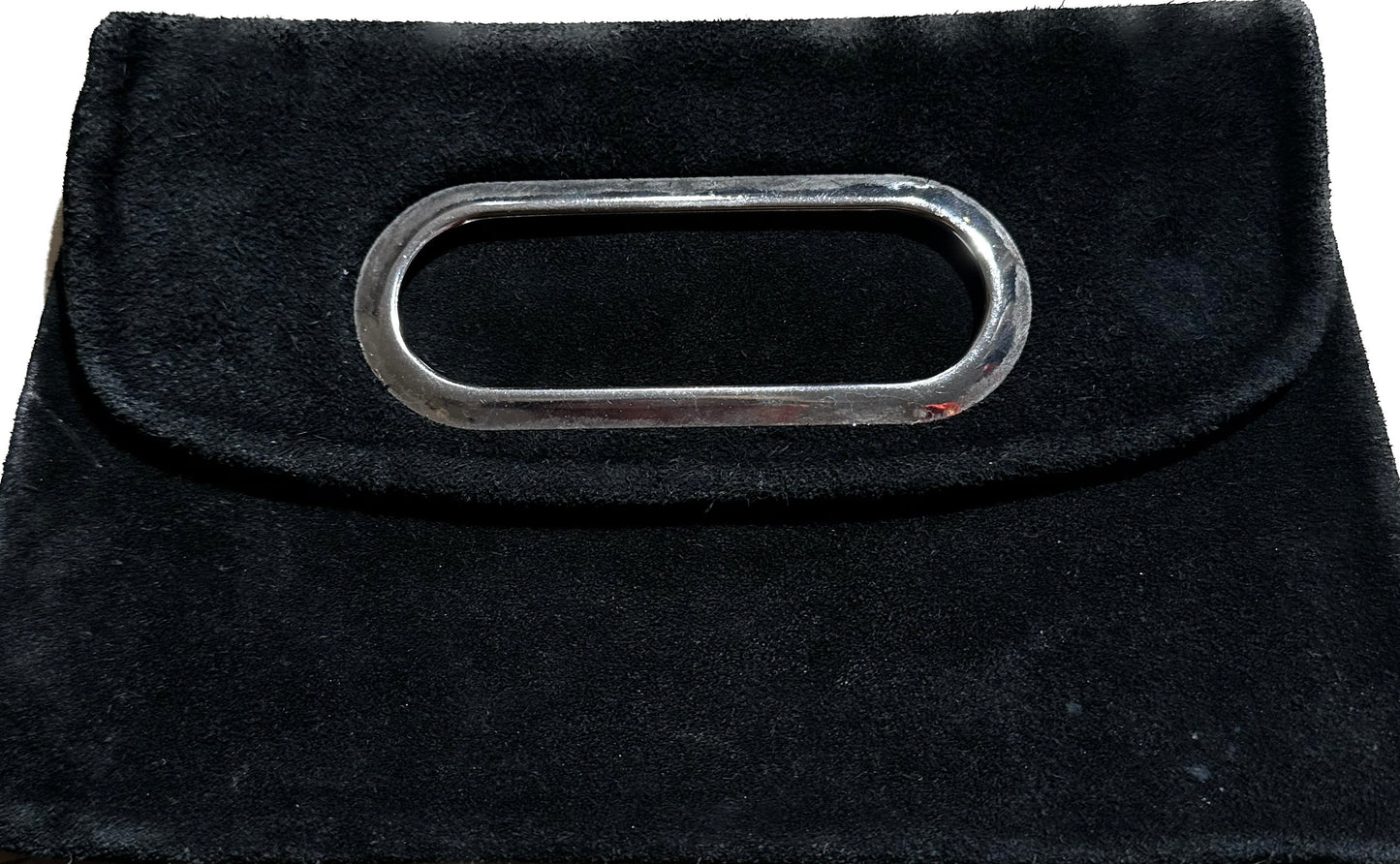 Minimal 60s mod suede pouch with cutoff silver handle and zipper closure, mint
