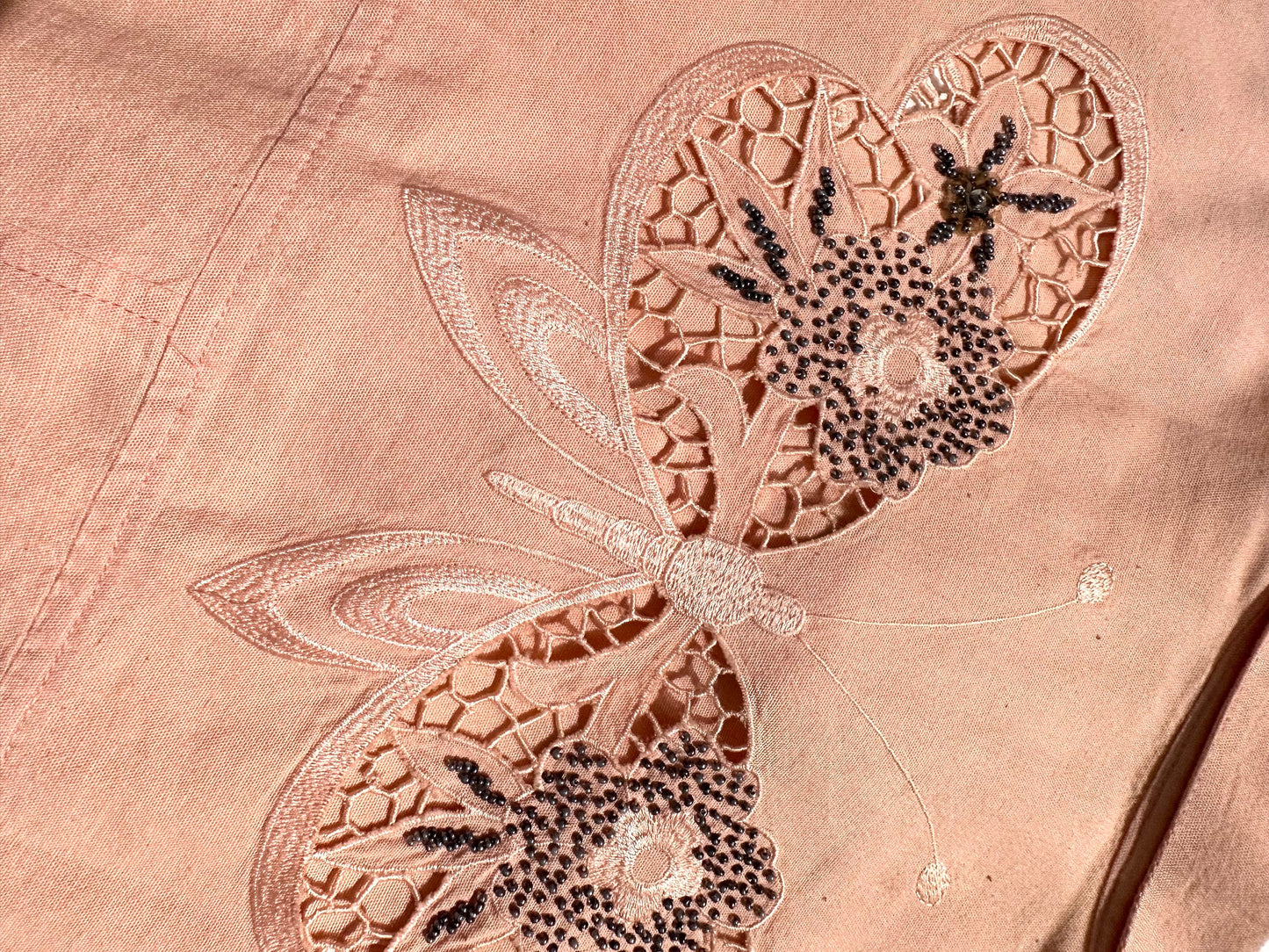 LuvTricot milano pink cotton shirt w- butterfly macramè embroideries, NOS 80s Italy sz 42-M