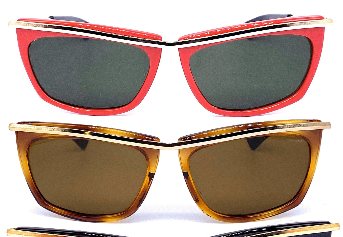 Olympian sunglasses made in Italy available in black, red or tortoise colors, crystal lens