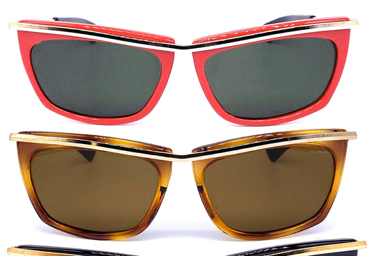 Olympian sunglasses made in Italy available in black, red or tortoise colors, crystal lens