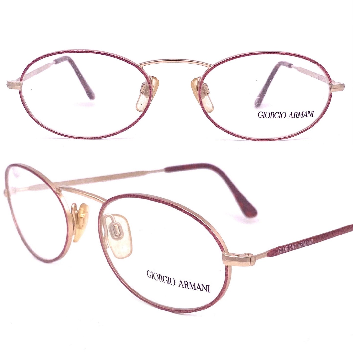 Giorgio Armani 125 oval Matt gold spectacle frames w burgundy enameled pattern, hand made in Italy