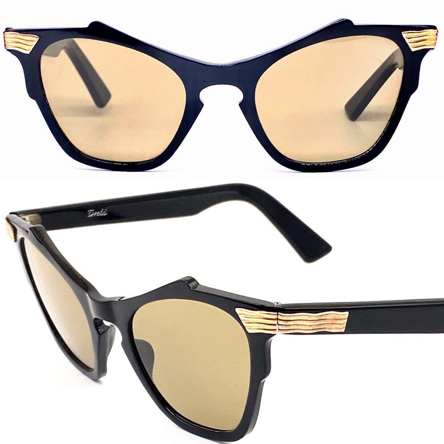 Errebi fancy vintage butterfly cateye sunglasses with carved golden metal hinges, NOS 50s Italy