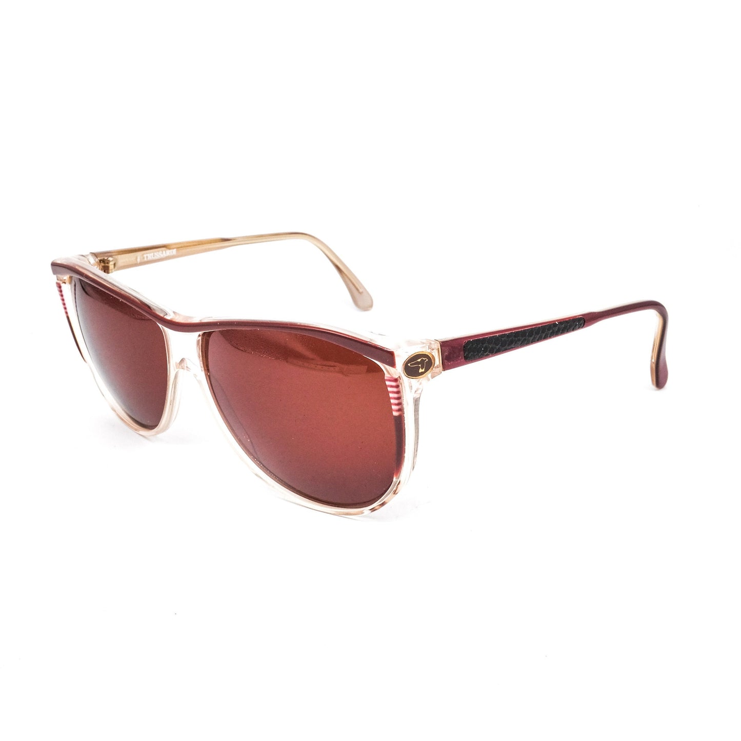 Trussardi oversized cateye sunglasses in clear/burgundy with leather inserts, NOS 80s