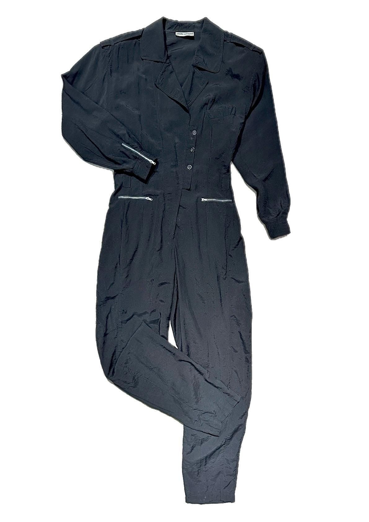 Louis London 1980s Fluid black jumpsuit w silver metal zippers, very contemporary look, sz M / DE36