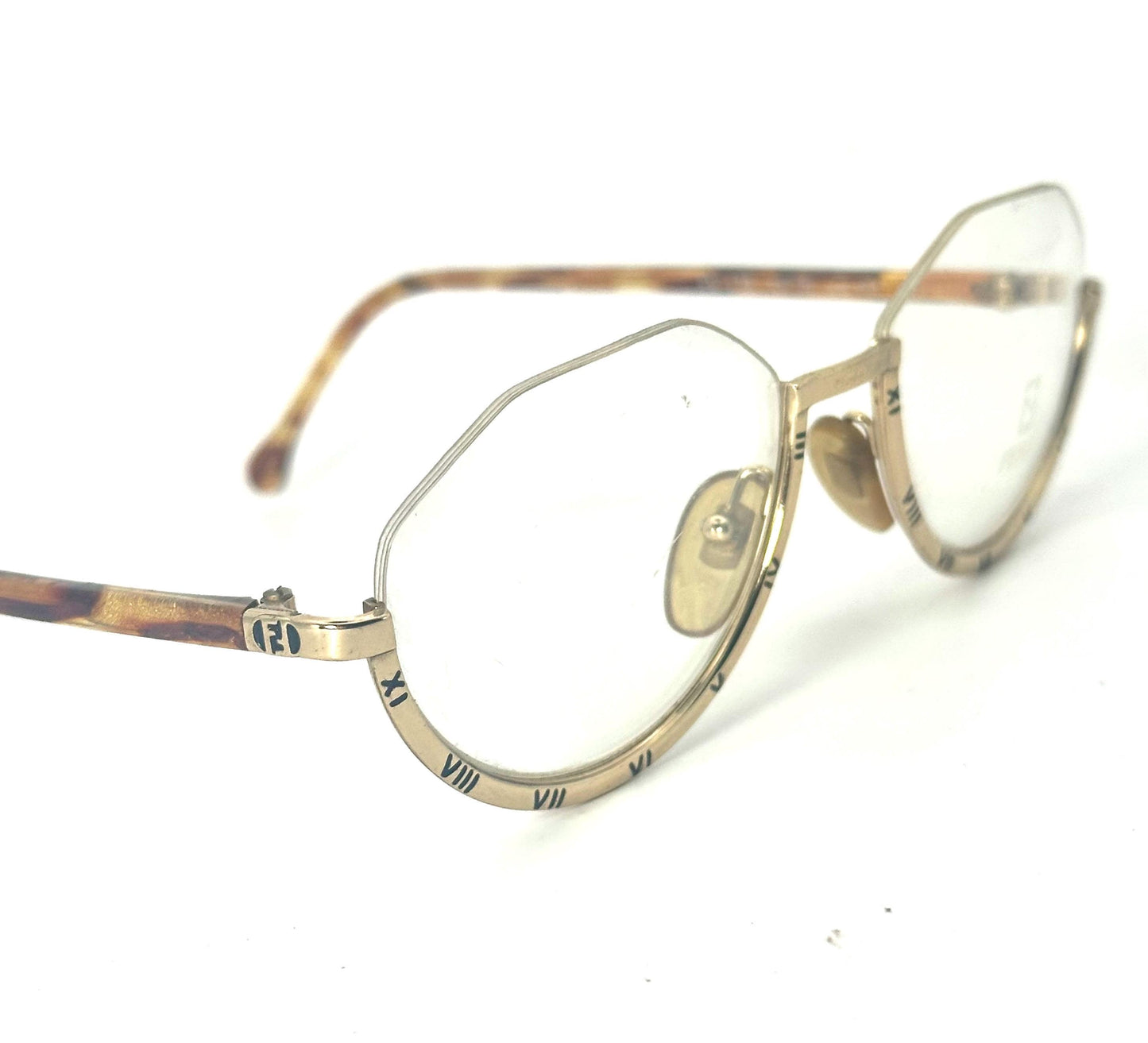 Fendi FV178 fancy golden eyeglasses frames w carved roman numerals , NOS 80s Italy