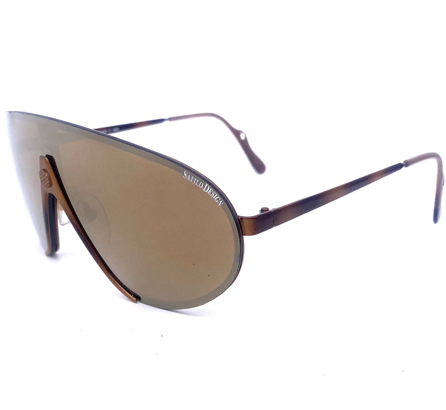 Safilo Design 027/P wrap aviator sunglasses, brown metallized mask-shield design with gold mirrored lens, NOS 80s
