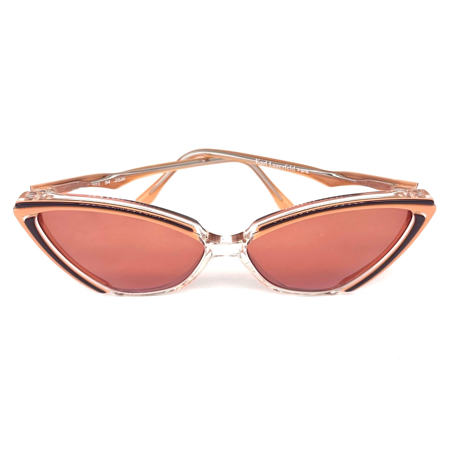 Karl Lagerfeld 103 54 2836 clear cateye sunglasses with salmon orange and brown stripes, orange lenses, 1980, NOS
