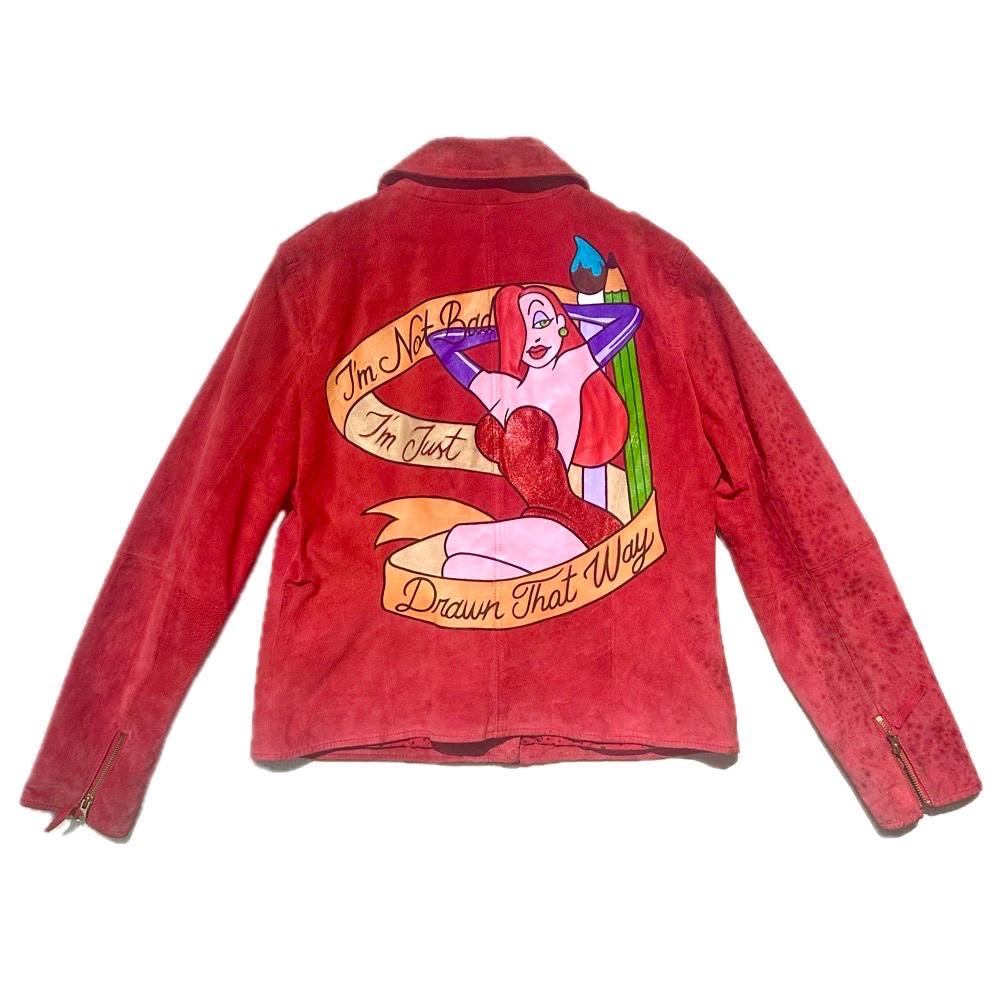 Jessica Rabbit custom painted upcycled vintage jacket for woman, hand paint disney garment design