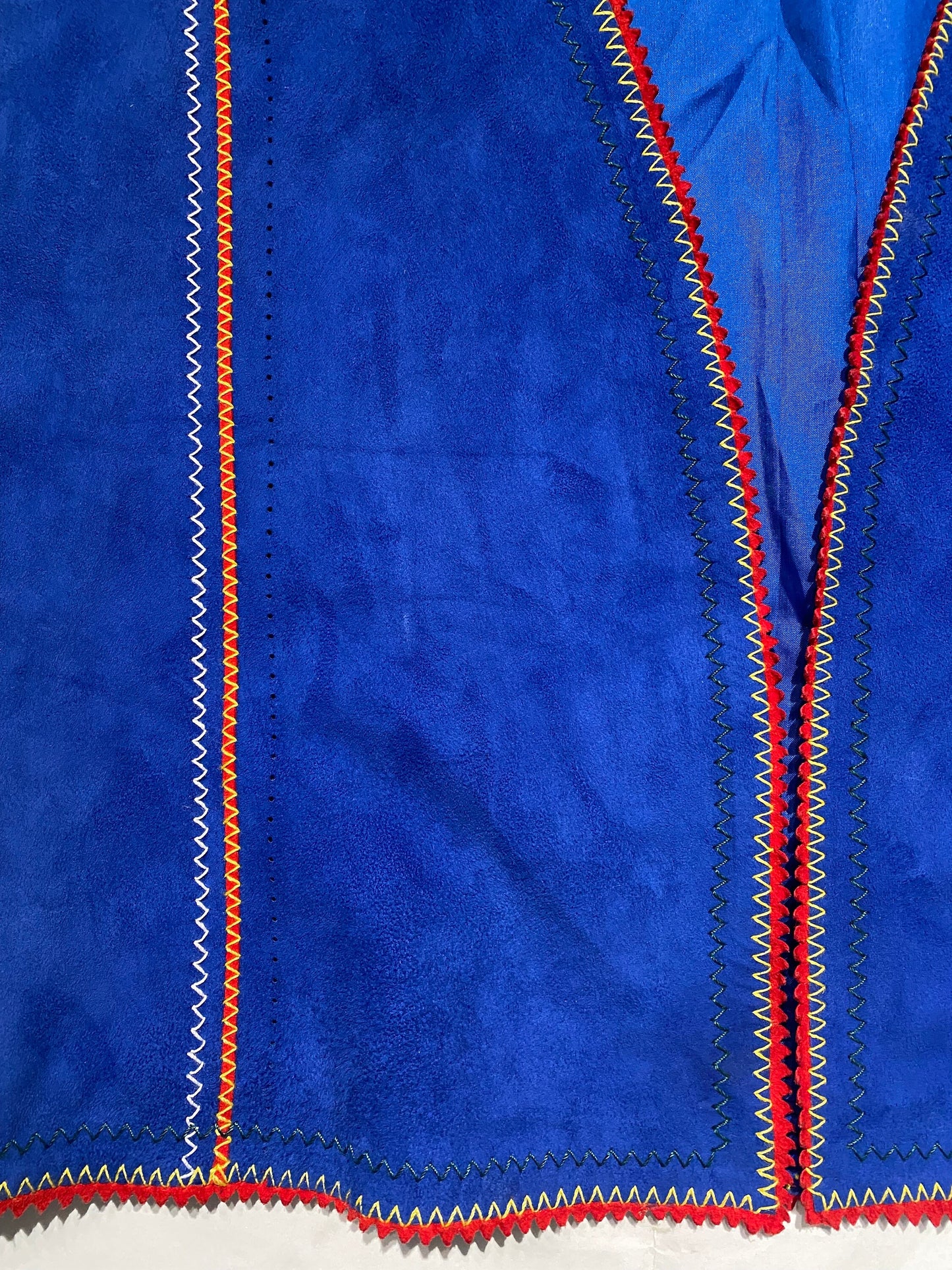 Pancaldi blue suede 2pcs vest / long skirt set w yellow/red striped and cutoff lotus flower detail, NOS 70s Mint