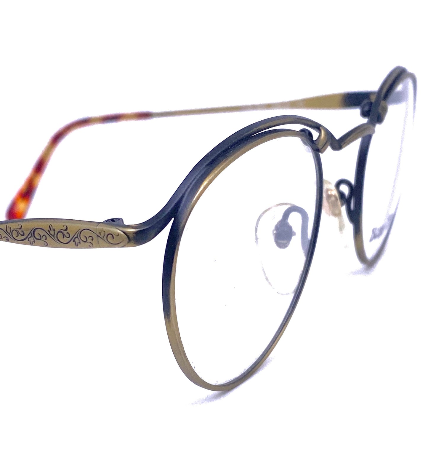 Beau Monde Chelsea luxury round-pantos eyeglasses frames in antiqued brass w- decó style carvings, NoS 80s Japan