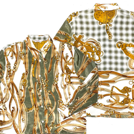 Copalli wonderful baroque silk blend blouse, chains / straps horse themed print, mint 1980s Italy