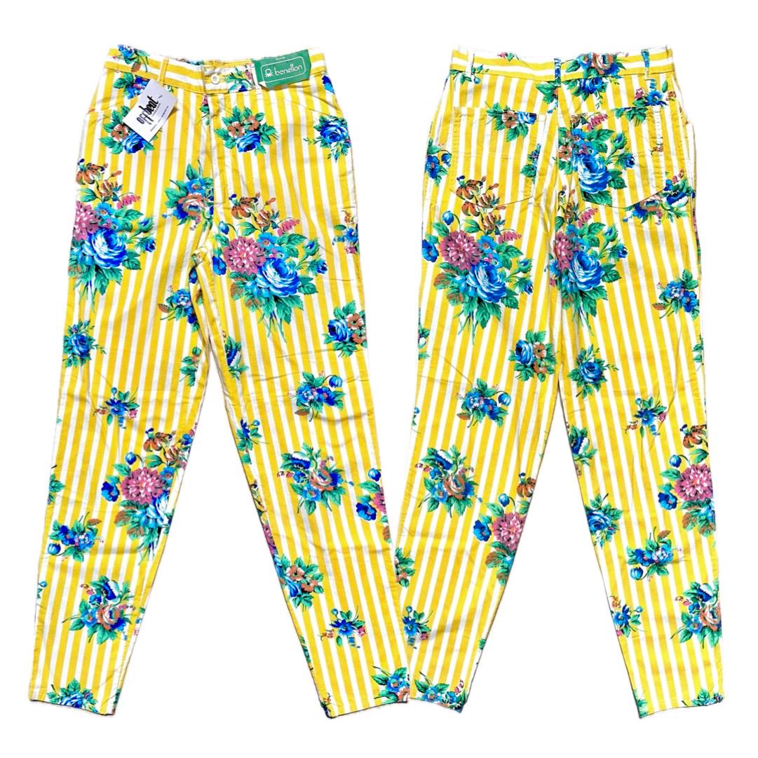 Benetton 80s striped cotton pants with flowers BNWT