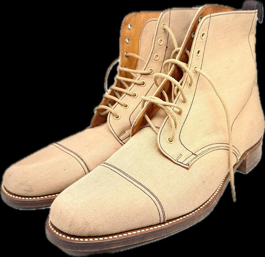 Grenson “Footmaster” khaki canvas boots w full leather lining and soles, hand crafted in UK 80s NoS sz 9/D