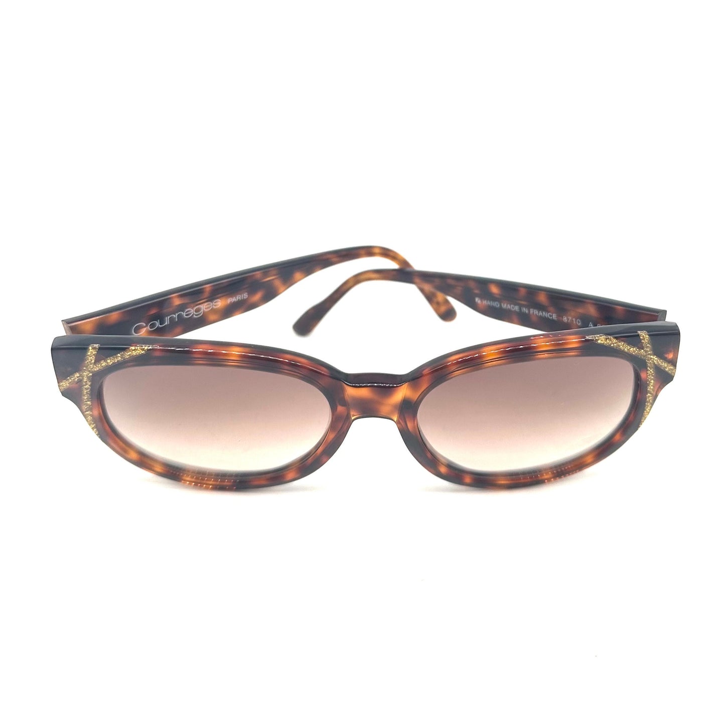 Courreges 8710 tortoise oversized sunglasses w golden sparks striped details, NoS 80s France