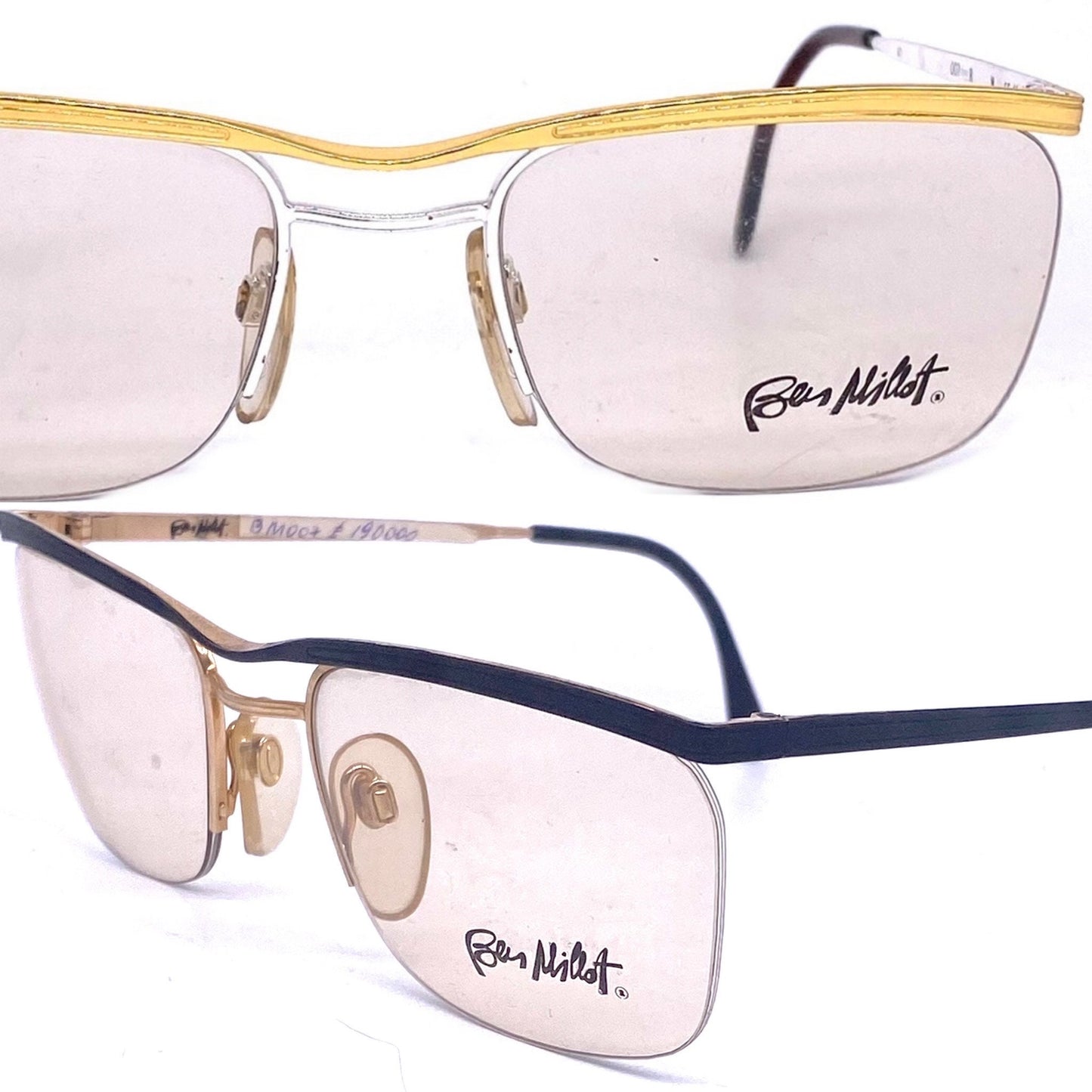 Ben Millot 007 square half rimmed metal eyeglasses frames in matte black or gold, NOS 80s France
